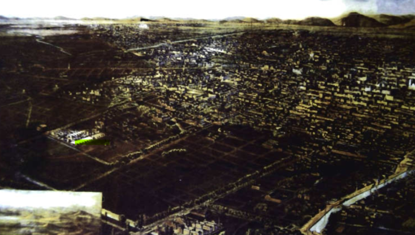 Las periferias de la ciudad hasta principios del siglo XX. Abajo, a la derecha el Canal de la Viga; a la izquierda los ríos San Joaquín y Consulado, y mas abajo los trazos urbanísticos de las colonias Condesa y Roma.