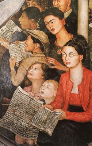 Detalle del muro sur de la escalinata, donde Rivera plasma la presencia las Kahlo, participando en la educación.