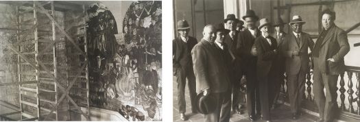 Izquierda: entramado del andamio para la traza del mural. Derecha: visita del dr. Atl a los trabajos de la traza.