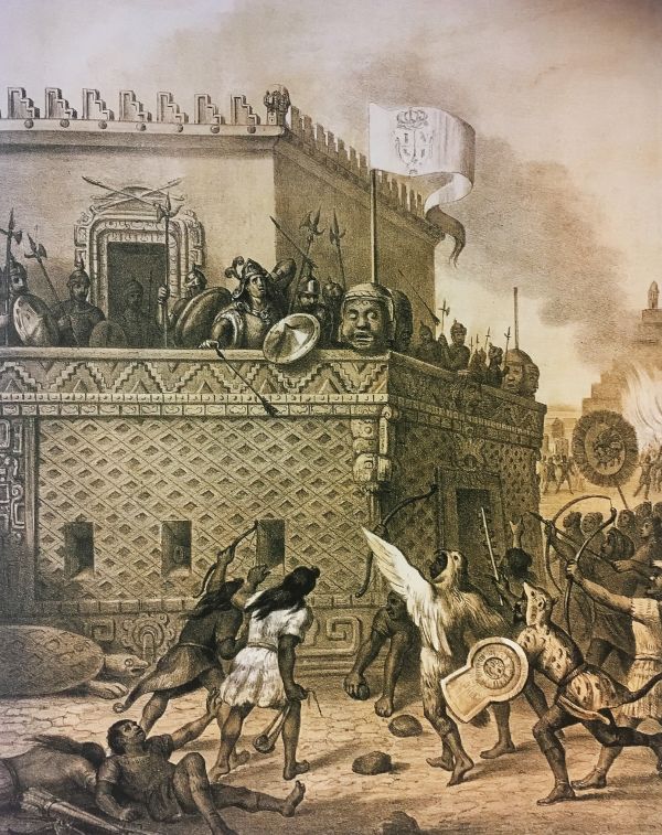 "Moctezuma II". Hernán Cortés presenta el cuerpo inerte del tlatoani a los enardecidos habitantes de México-Tenochtitlan. Iriarte Hesiquio, 1870. Litografía.