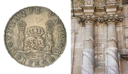 Moneda "Mundos y mares". Las columnas corintias de la portada de la Casa de Moneda, aluden a los soportes acuñados en la famosa moneda.