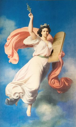 Petronilo Monroy, 1869, óleo sobre tela. Alegoría de la Constitución de 1857, pintura que le dio su nombre al Salón de la Constitución. La Corona de almenas representa la fortaleza.
