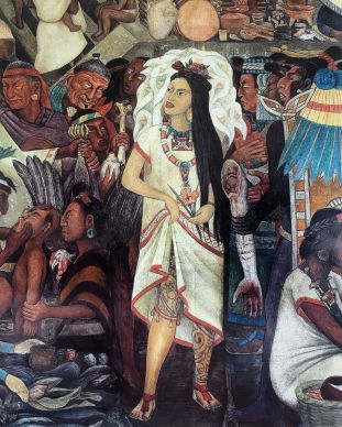 Detalle de mural "Mercado de Tlatelolco". Prostituta o "La que da alegría", rodeada de hombres que le hacen ofrecimientos.