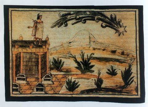 Moctezuma observa un cometa, uno de los presagios de la llegada de los conquistadores. Durán, Fray Diego, Códice Durán o Historia de las Indias de Nueva España e Islas de Tierra Firme, 1579-1581.