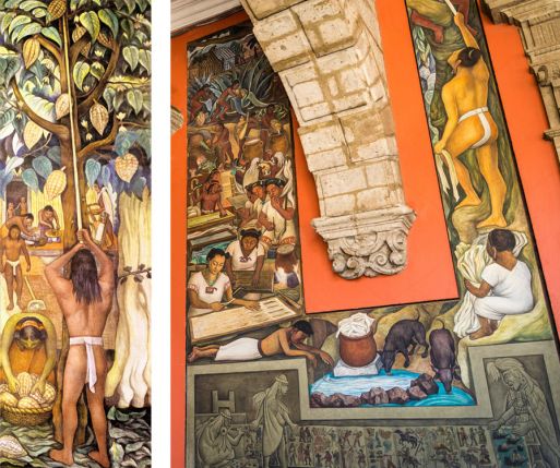 Panel izquierdo, "El cacao". Panel derecho "El amate y el maguey"