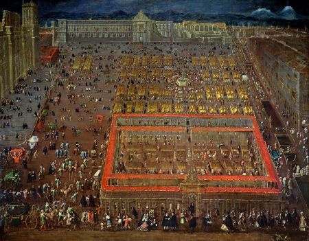 De Villalpando, Cristóbal, "El motín de 1692". Obra en la que se aprecia la destrucción del Palacio Nacional por el conflicto.