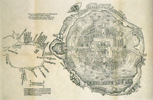 Plano de la Ciudad de Tenochtitlan atribuido a Hernán Cortés. A la izquierda la representación de las costas del Golfo de México y a la derecha la Ciudad mexica.